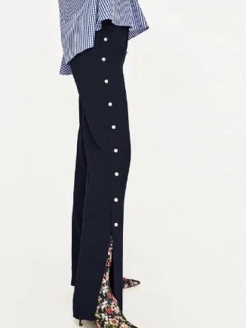 High-Waist Navy Wide-Leg Pants with Pearl Side Details - Picture 7 of 8